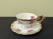 Vintage Miniature Tea Cup And Saucer Floral Gilt And Scalloped Edges