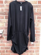 Boohoo Black Ruched Long Sleeve Mini T Shirt Dress Size 16