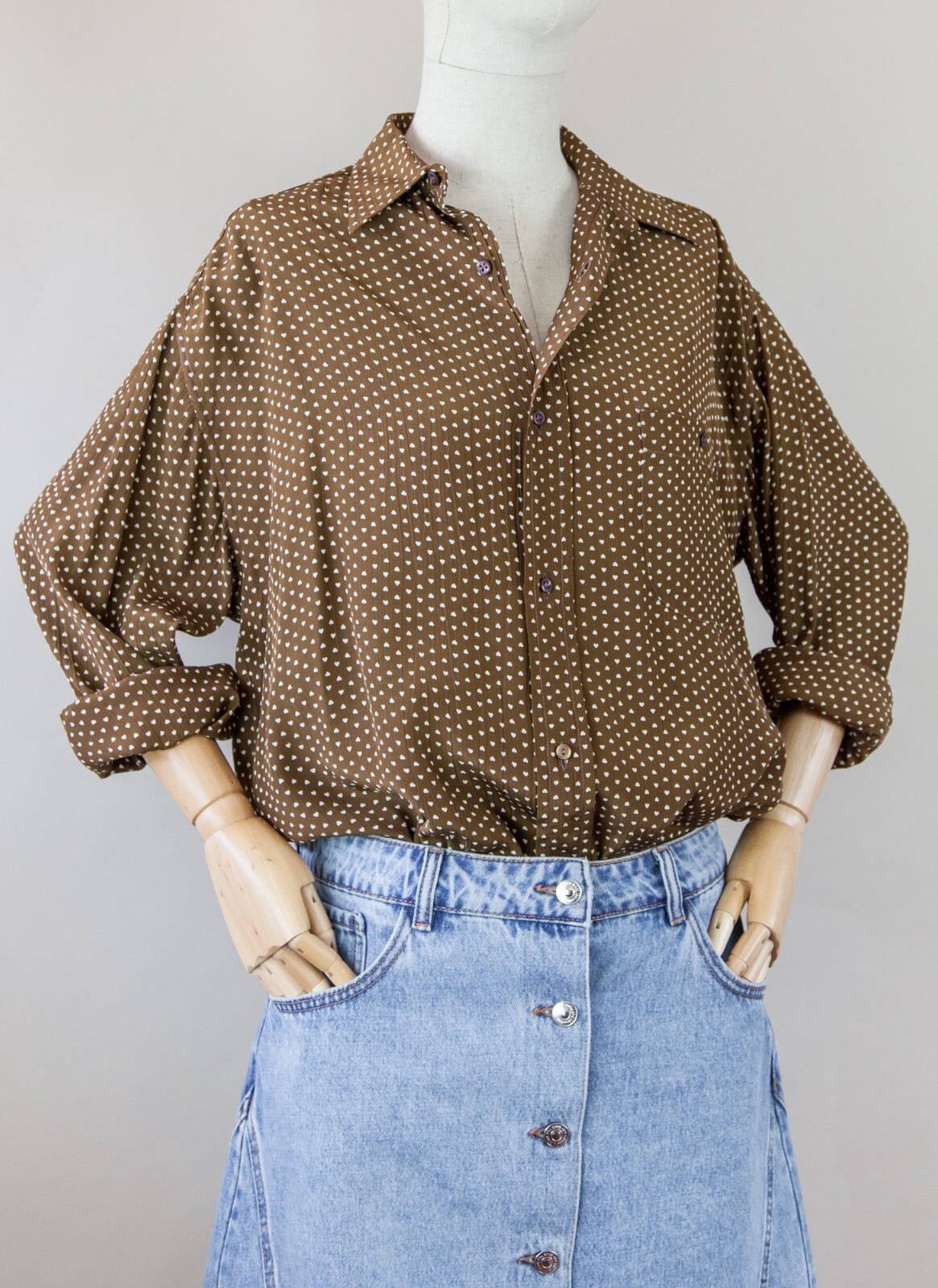 Camicia Blusa Raphael Bologna - vintage anni '80 marrone fantasia cuori bianchi