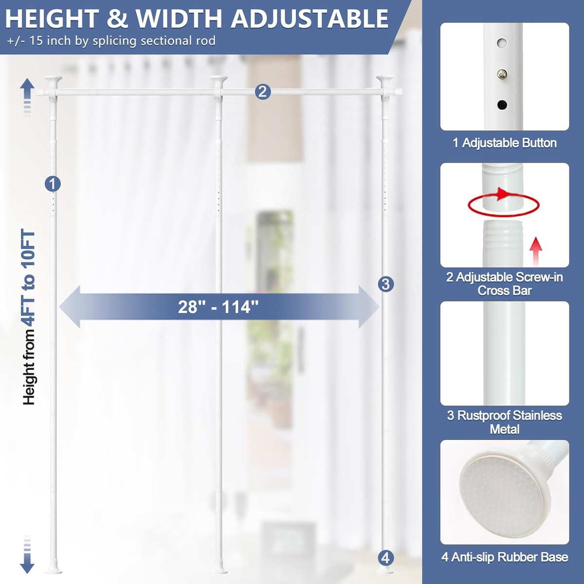 No Drill Tension Curtain Rod For Partitions No-Drilling Room Divider Curtain  Rod - Adjustable Floor To Ceiling Tension Rod 4-10ft H 28-114in W For Space  Partitions No Drill Tension Curtain Rod For, image size:1200x1200
