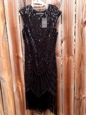 FUNDAISY CAP SLEEVE BLACK SEQUIN FLAPPER / GREAT GATSBY ROARING 20'S DRESS M New
