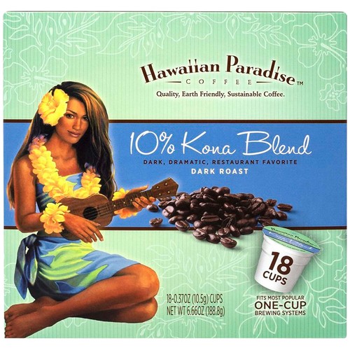 Hawaiian Paradise Coffee 10% Kona Blend Single Serve Cups 18 Count Dark Roast...