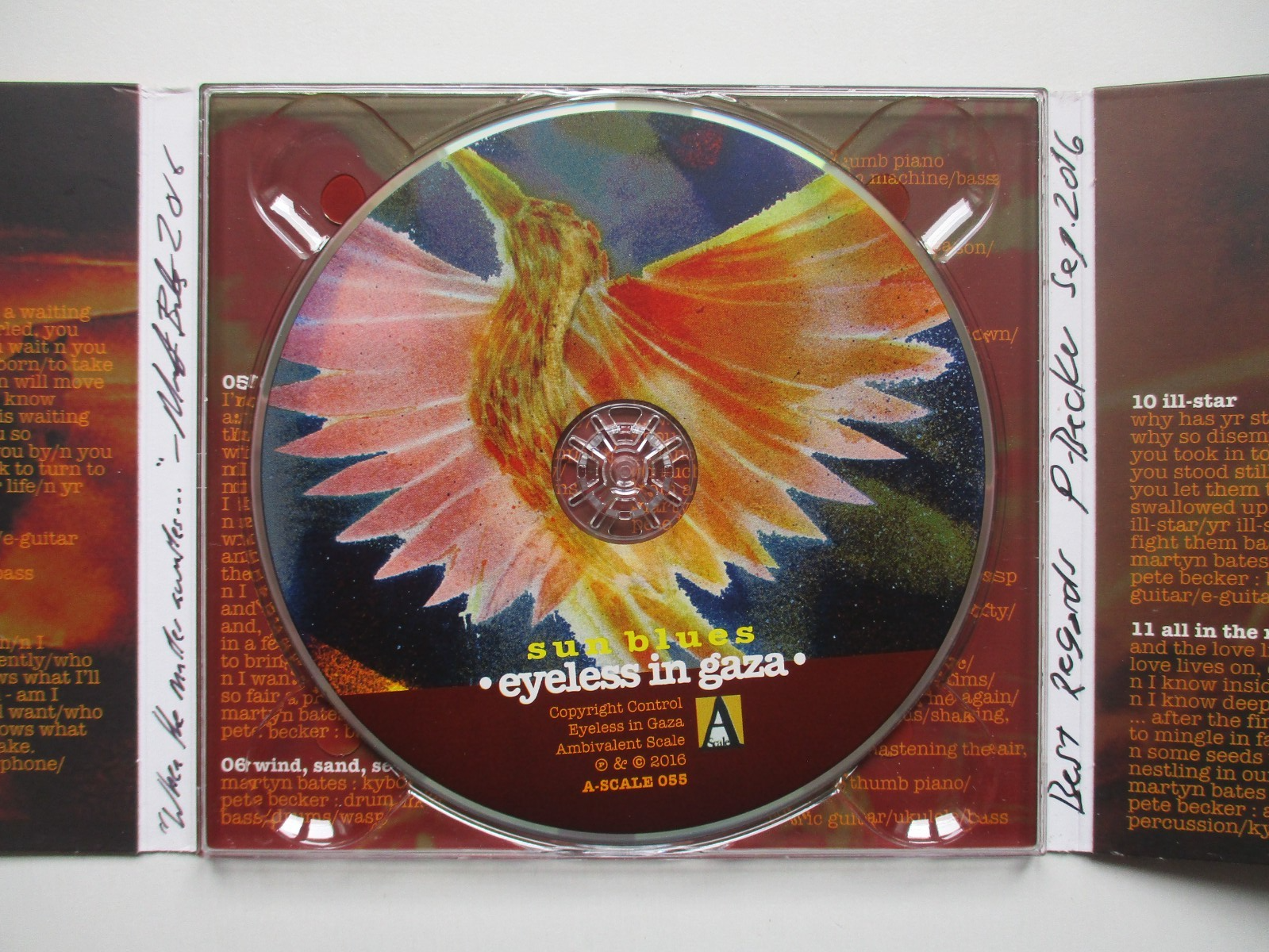 EYELESS IN GAZA RARE HAND SIGNED CD - SUN BLUES - MARTYN BATES and PETE BECKER