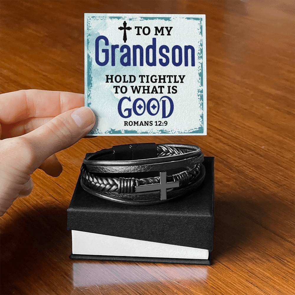 Grandson Romans 12:9 Mens Cross Bracelet Gift for Christmas