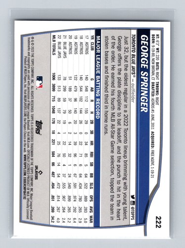 2023 Topps Big League Rainbow Foil #222 George Springer - Toronto Blue Jays - Bild 2 von 2