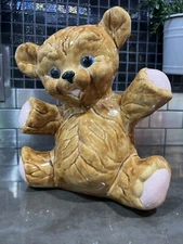 Vintage Brown Glazed Ceramic Porcelain Piggy Bank Bear Blue Eyes 9.25”