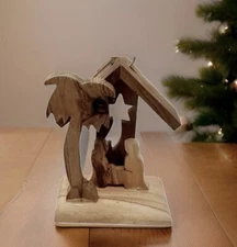 Christmas Tree Nativity Miniature Carved Wood Manger Made Bethlehem Ornament