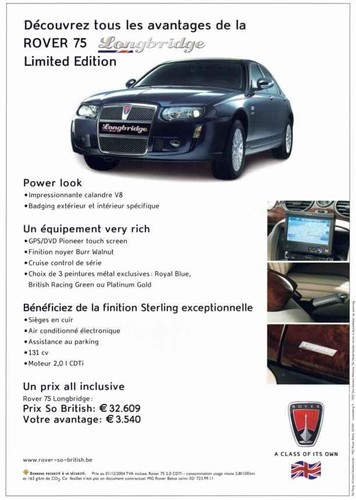 Catalogue Brochure Rover 75 Longbridge, 12/2004 Belgique en français - Imagen 2 de 2