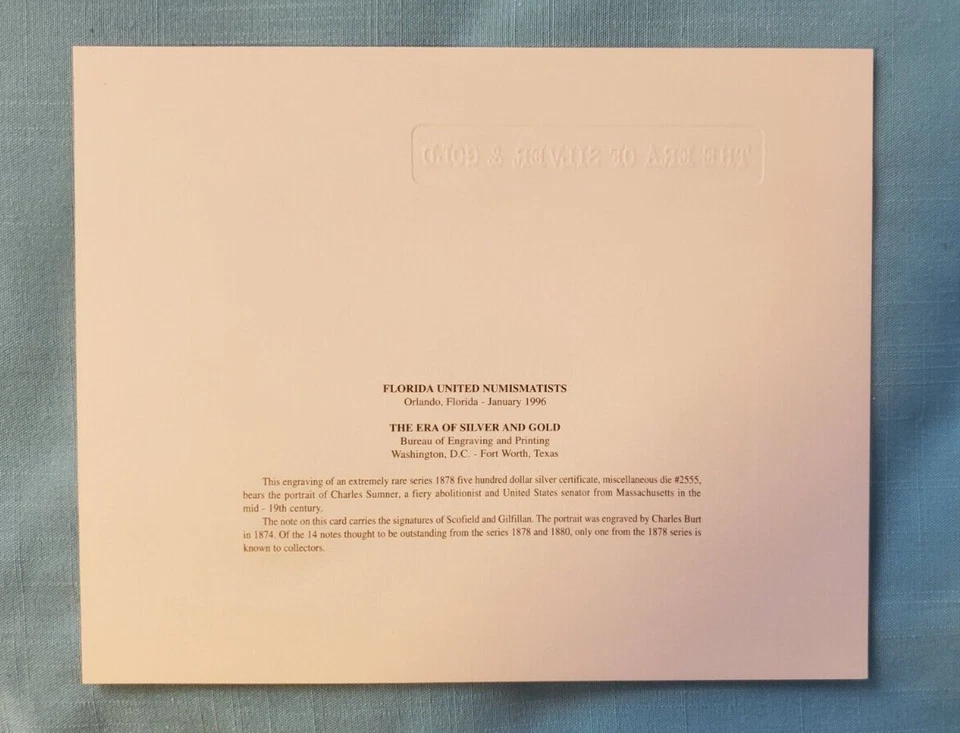 THE ERA OF SILVER & GLOD "ORLANDO FLORIDA" $500 SOUVENIR CARD JAN. 1996 LOOK!! - Image 2 of 2