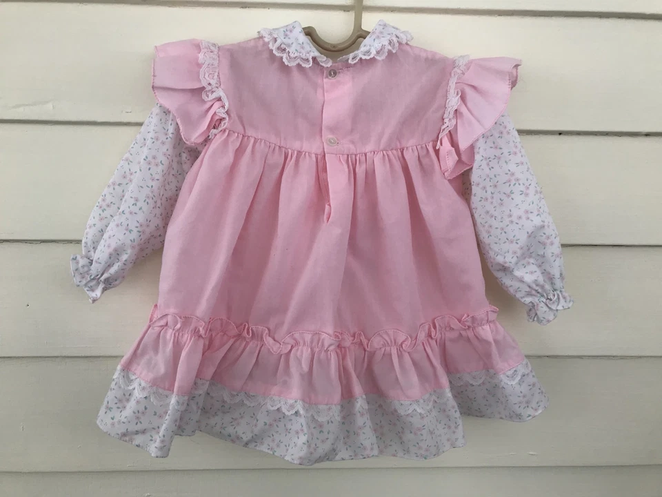 Vintage Baby Girl Dress Infant 3-9 Moths Pink Lace Peter Pan Collar Pinafore - Image 2 of 4