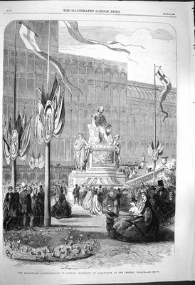 Original alter antiker Druck 1864 Shakspeare London Monument Crystal Palace 19.