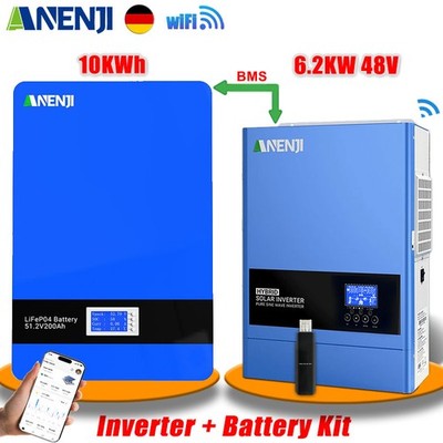 10KWh LiFePO4 Battery 51.2V 200AH + 6.2KW Hybrid Solar Inverter 120A MPPT WIFI