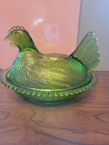 Green Glass Hen on Nest Covered Dish Decorative