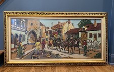 Vintage Huge Victorian Scenery Needlepoint Wall Art Tapestry Framed 26.5 x 51