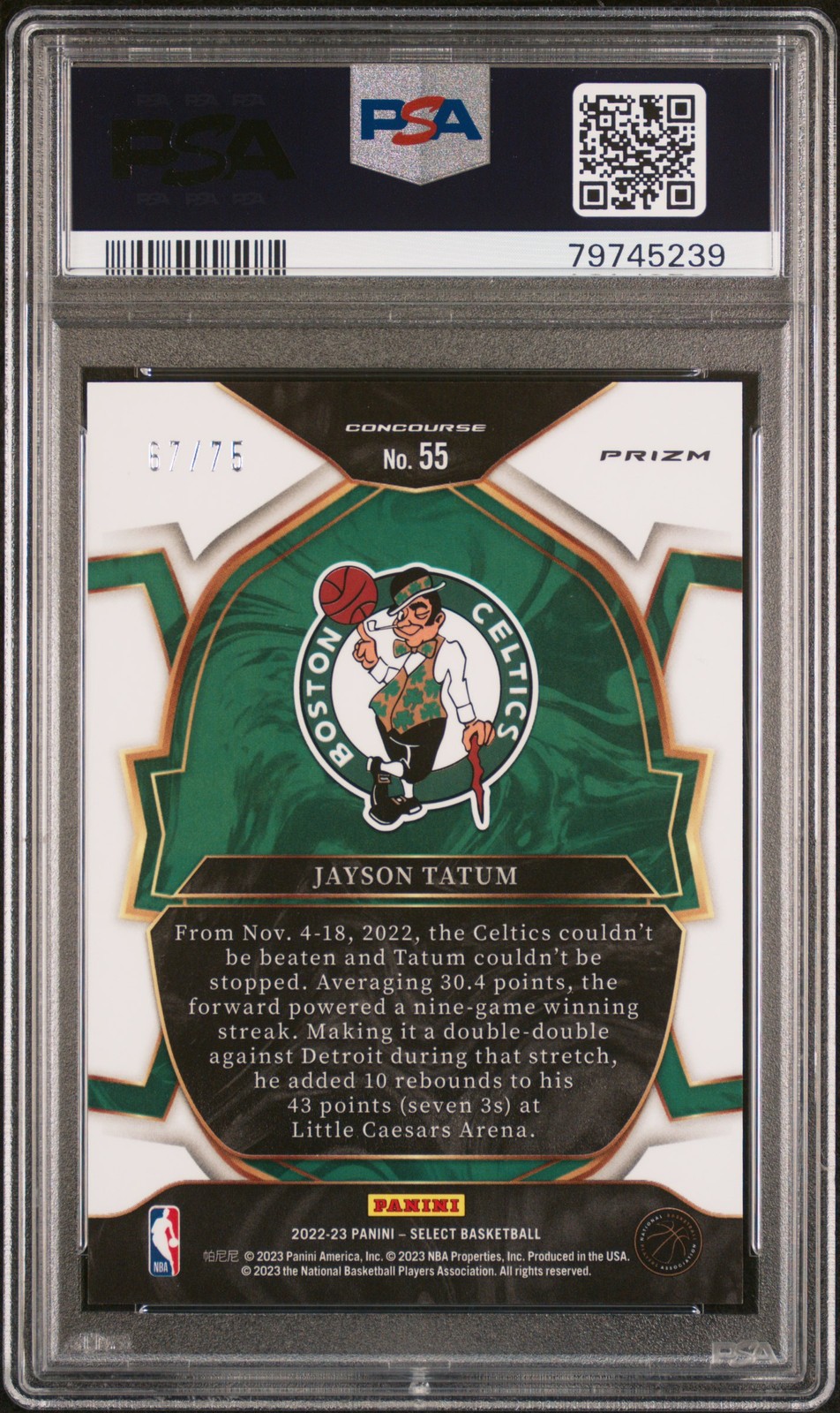 2022 Panini Select #55 Jayson Tatum Neon Green PSA 10 view 2