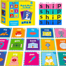 Word Spelling Game, 80 First Words with Wooden Alphabet Puzzle Blocks CVC Words