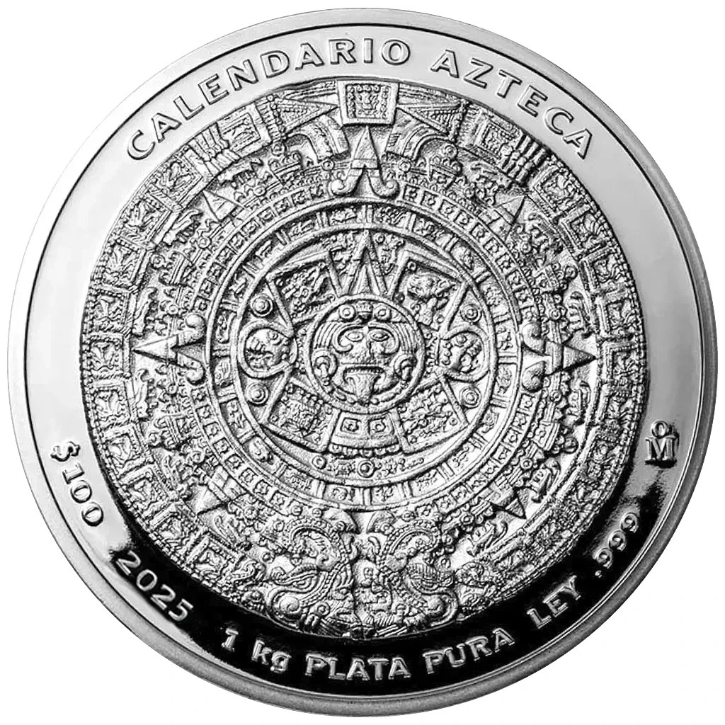 Silbermünze 1kg Azteken-Kalender 2025 - Mexiko - im Holz-Etui - Prooflike
