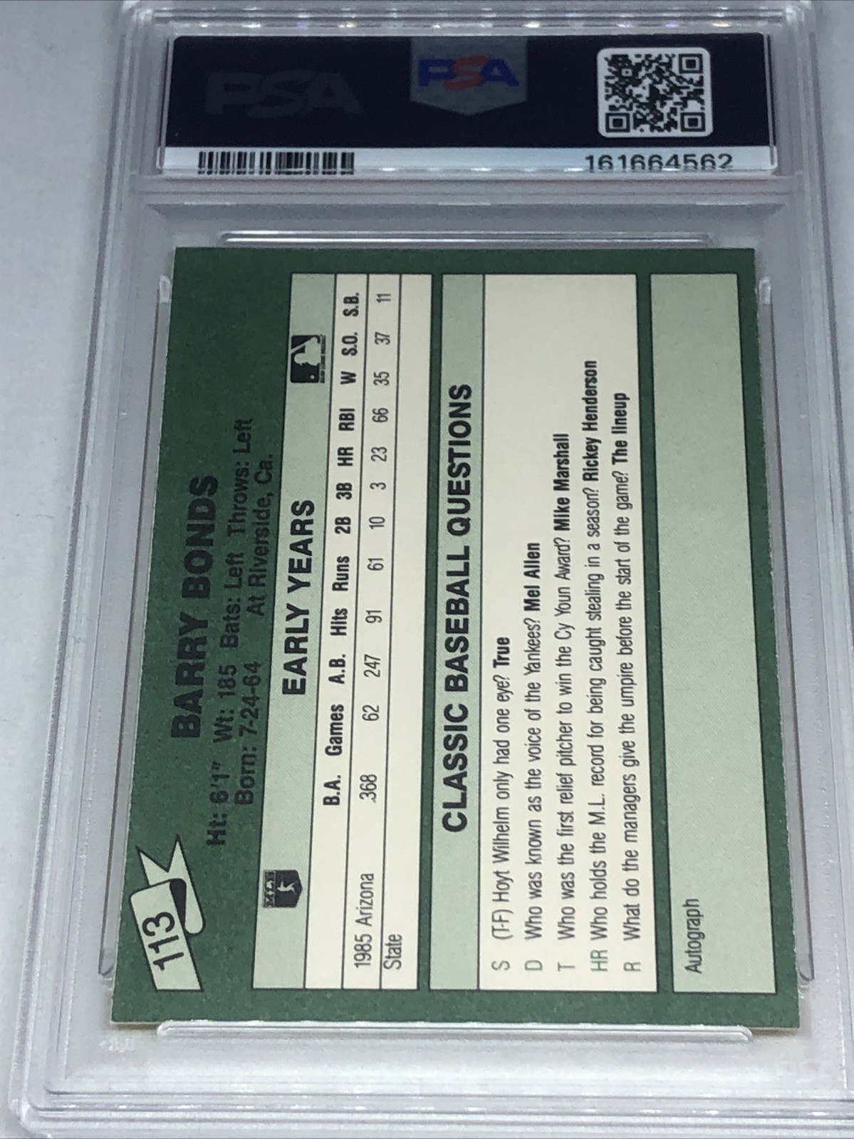 1987 Classic Greenback Barry Bonds #113 PSA 7 Rookie Card view 2