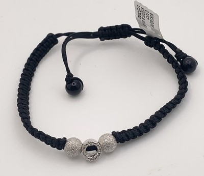 925 Silber Schwarz Kordel Armband 0,02ct Echt Diamant Freundschaft Schieber Neu