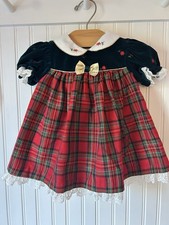 Vintage Baby Christmas Dress 3/6 MO Red,Green,White Plaid/Green Velvet/Lace