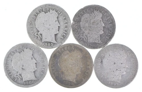 Better Lot 5 1903-O 1892 1900-O 1898 1893 Barber Dime 0.50 Face *200