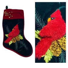 Santa  s Best 3D Red Cardinal on Branch Embroidered Velvet Christmas Stocking