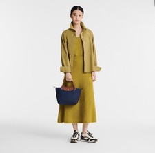 Longchamp Le Pliage Navy Tote Brown Leather Handles Zipper/Snap Dust Bag