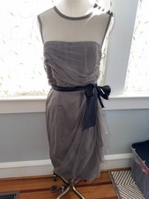 White by Vera Wang Charcoal Gray Mesh Dress w/ Illusion Neckline and Sash