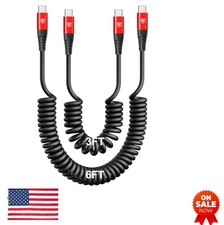 Coiled USB C to USB C Cable 3FT 6FT 60W Fast Charging CarPlay Car 2 Pack Red