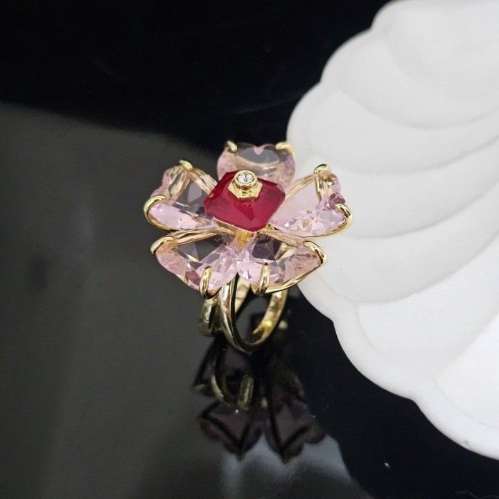 Swarovski Pink Crystal Flower Ring Elegant Light Luxury High-End