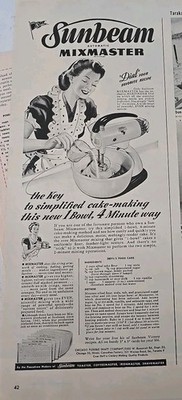 1945 Sunbeam Automatic Mixmaster Mixer Devil's Food Cake Recipe Vintage ad