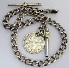 Victorian solid silver pocket watch albert chain w/ silver watch key & coin fob