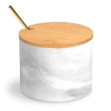Marble Salt Cellar Box with Bamboo Lid & Metal Spoon, Modern Stone Salt or Pe...
