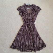 JBS Brown Polka Dot Ruffle Chiffon Dress Romantic Tie Waist Cottagecore Size 16