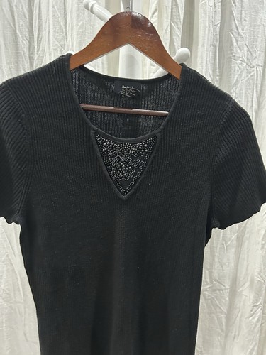Vintage RQT Ribbed Stretch Knit Top Black Beaded 90s Preppy Old Money Y2K Large - Picture 2 of 4