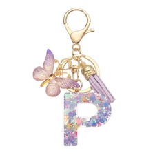 Alphabet Initial Letter P Keychain, Cute Tassel Butterfly Key Chain, Purple