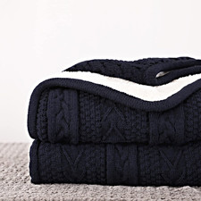 Acrylic Cable Knit Sherpa Throw Blanket - Thick, Soft, Big, Cozy Navy Knitted Fl