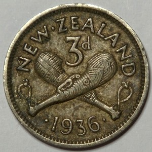 1936 BRITISH NEW ZEALAND GEORGE V 3 PENCE KM-1 N-4019 XF ORIGINAL SURFACES