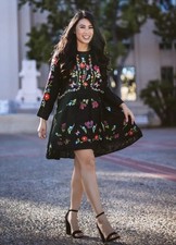 Stunning Zara Black Mini Swing Long Sleeve Dress with Floral Embroidery S 8-10
