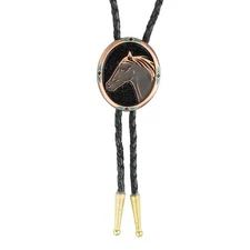 Vintage Copper Oval Horse Head Western Bolo Tie 36 inch Black Cord Golden Tips