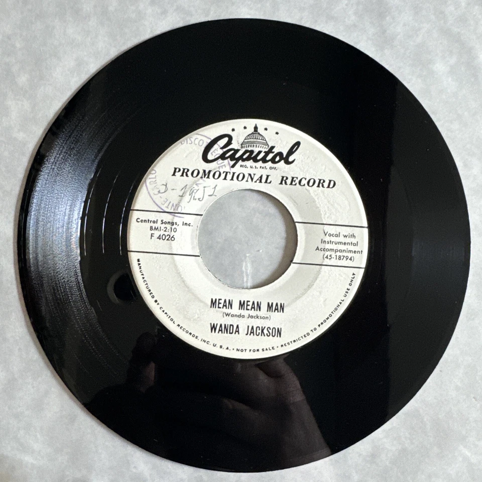 WANDA JACKSON: Mean Mean Man/Our Song  45 Capitol PROMO F4026 1958 ROCKABILLY - Image 2 of 4