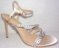 New Jewel Badgley Mischka Marimba Champagne Satin Crystal Embellished Sandals 10