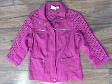 Chico's Jacket Medium Size 0 Linen Fuchsia w/ Gold Accents Crochet 3/4 Sleeves