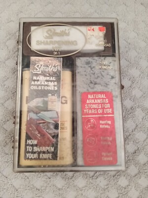 VINTAGE SMITH'S KNIFE SHARPENING ARKANSAS OILSTONES KIT W/ INSTRUCTIONS AND CASE