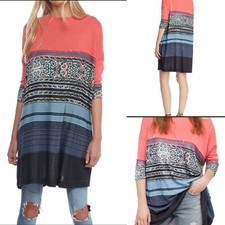 Free People Stepping Out Tunic Top/Dress Wm Med In Black Combo Oversize Relaxed