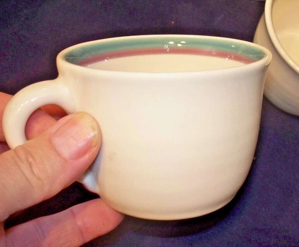 Pfaltzgraff Stoneware Teal & Plum Bands Lot 4 "Flat" Cups USA Made (no saucers) - Image 3 of 4