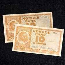 Set of 2 x Norway 10 kroner banknotes P-31 (1955, 1966) - extra fine circulated