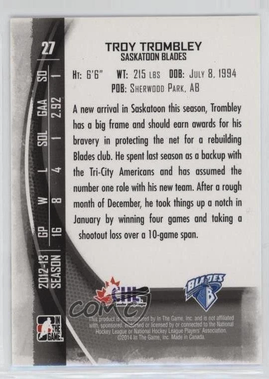 2013-14 ITG Between the Pipes Troy Trombley #27 - Image 2 of 2
