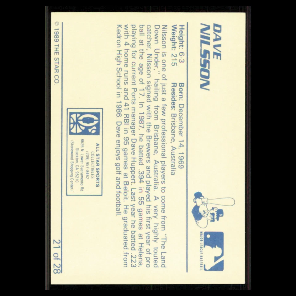 Dave Nilsson #21 1989 Star Minor League Stockton Ports Baseball Card MLB NM - Image 2 of 3