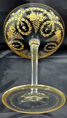 Antique Moser Bohemian Wheel Cut Crystal Tazza Compote with Gold Gild 7-1/4''H